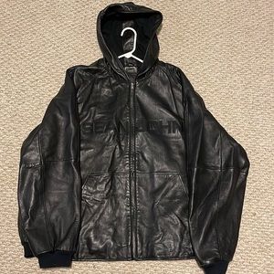 Sean John Black Leather Jacket with Hood